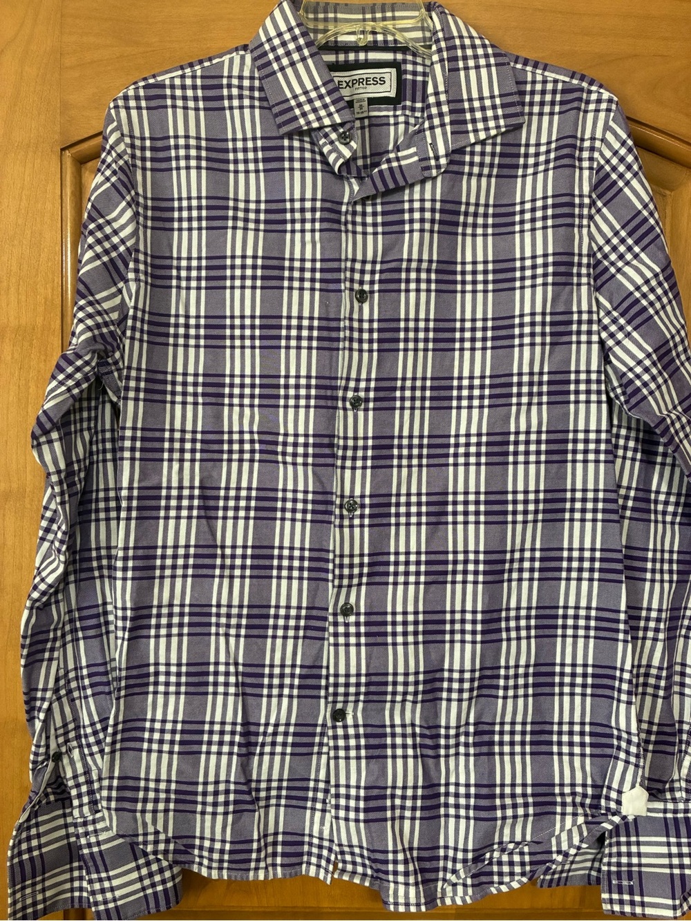 Express Men's Purple and White Plaid Button-Down Shirt